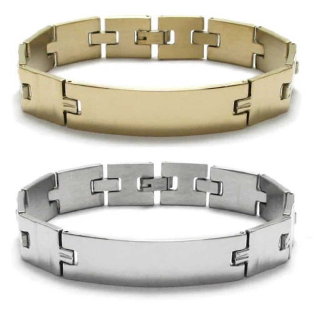 CLASSIC 8" SQUARE LINKS STAINLESS STEEL BRACELET WITH ENGRAVABLE PLATE